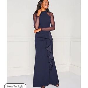 Betsy & Adam mock neck illusion long sleeve ruffled scuba crepe mesh gown NAVY